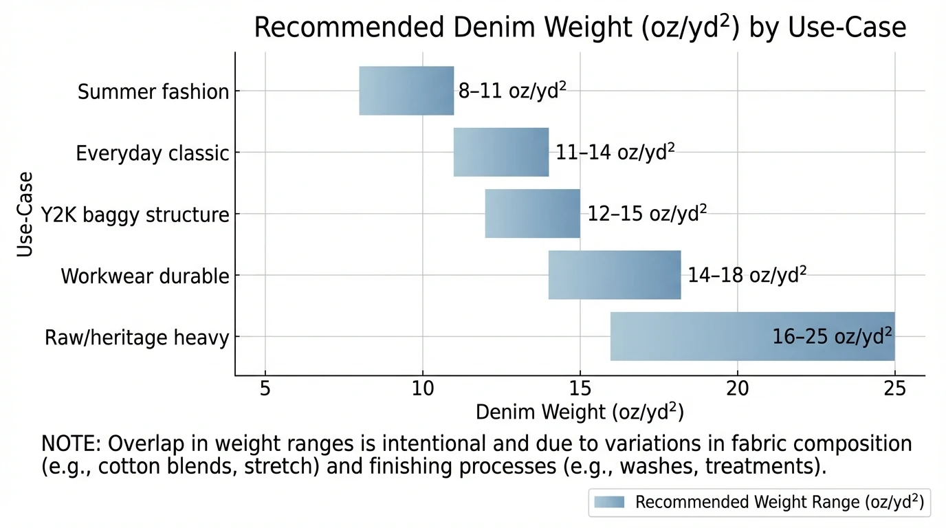 Bar chart showing recommended denim weight (oz/yd²) by use-case—Summer fashion (8–11), Everyday classic (11–14), Y2K baggy structure (12–15), Workwear durable (14–18), Raw/heritage heavy (16–25); include a note that overlap is intentional due to fabric composition and finishing