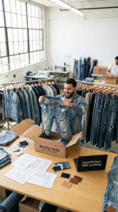 custom distressed denim jeans production line in China factory