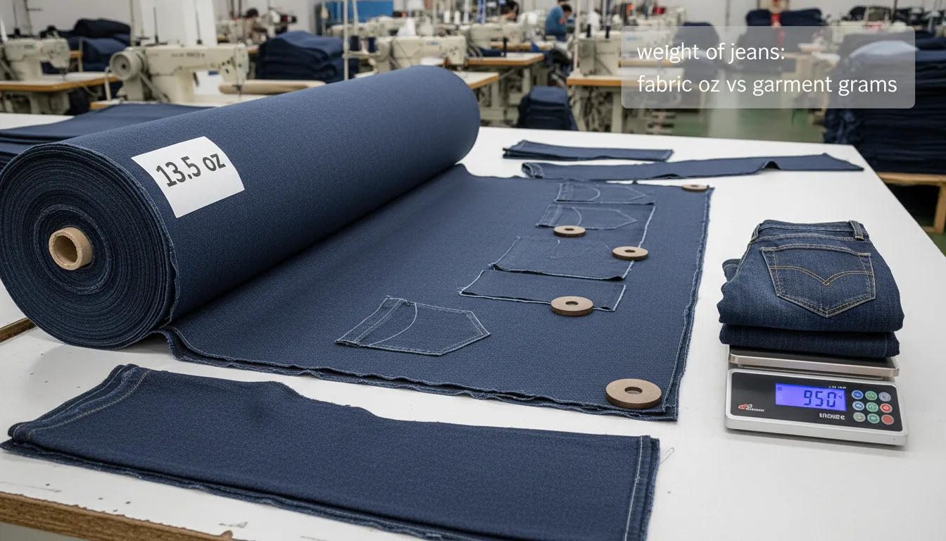 16:9 factory-quality close-up of denim production—fabric roll labeled “13.5 oz,” pattern pieces on cutting table, and a digital scale with folded jeans; include a small overlay reading “weight of jeans: fabric oz vs garment grams” — alt text: weight of jeans garment weight denim oz per square yard OEM ODM manufacturing