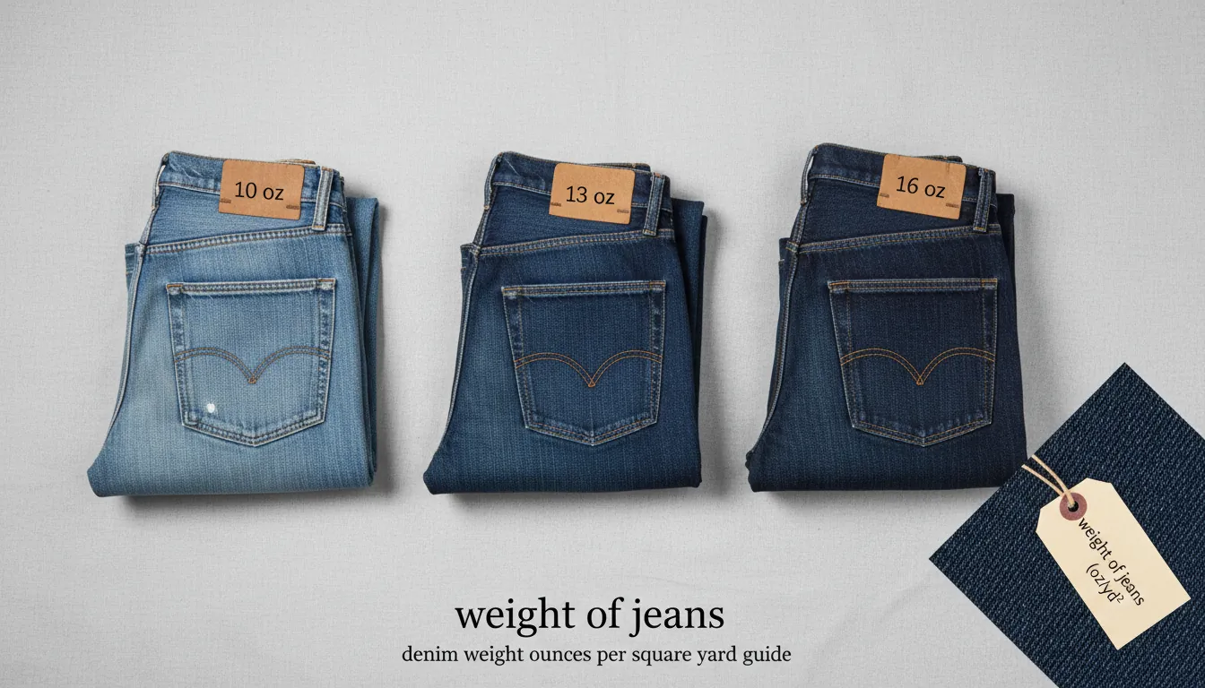 16:9 studio flat-lay of three pairs of jeans labeled “10 oz,” “13 oz,” and “16 oz,” with a close-up fabric swatch corner, visible twill lines, and a small tag showing “weight of jeans (oz/yd²)” — alt text: weight of jeans denim weight ounces per square yard guide