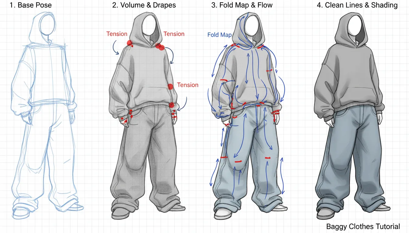 16:9 step-by-step diagram showing a character wearing an oversized hoodie and baggy jeans, with construction lines, fold maps, and labeled tension points; clean tutorial style; alt text: drawing baggy clothes oversized hoodie baggy pants tutorial