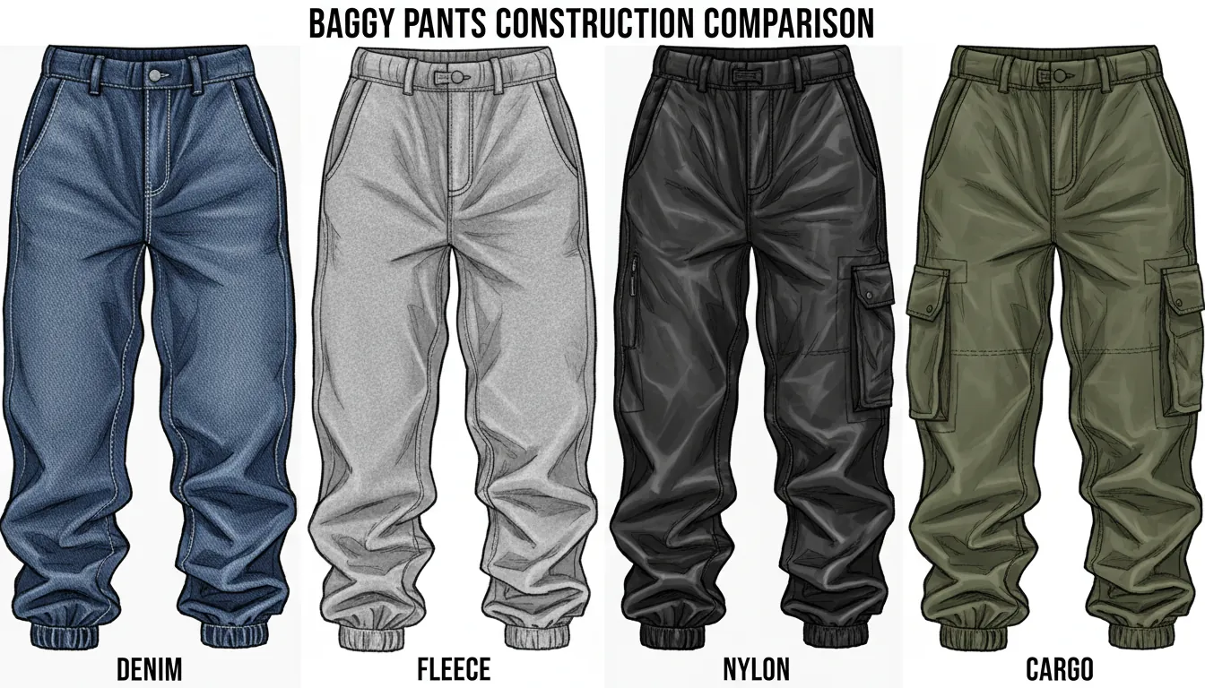 16:9 collage of four panels showing the same baggy pants drawn in denim vs fleece vs nylon vs cargo construction, with texture cues and fold differences; alt text: drawing baggy clothes baggy pants denim fleece nylon cargo folds comparison
