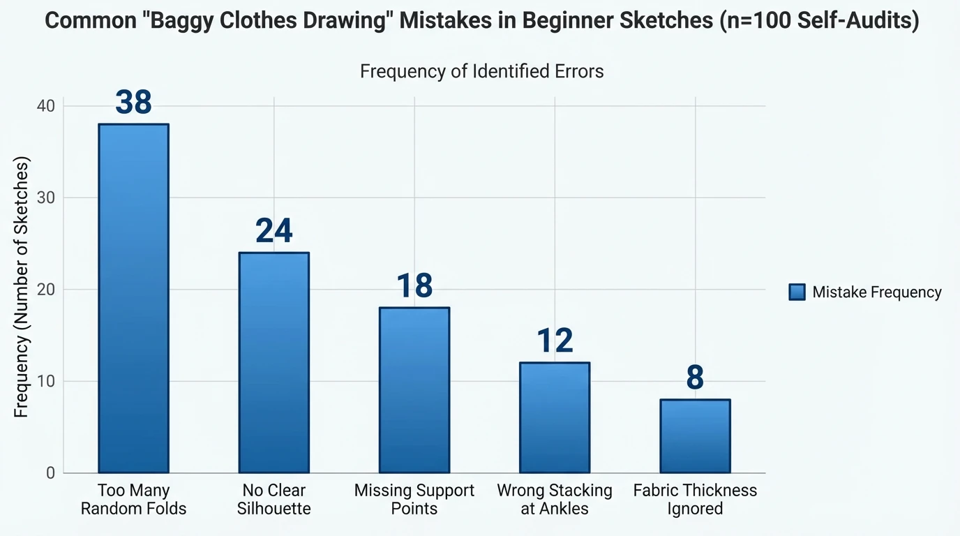 Bar chart showing common “baggy clothes drawing” mistakes vs frequency in beginner sketches (n=100 self-audits): Too many random folds (38), No clear silhouette (24), Missing support points (18), Wrong stacking at ankles (12), Fabric thickness ignored (8)