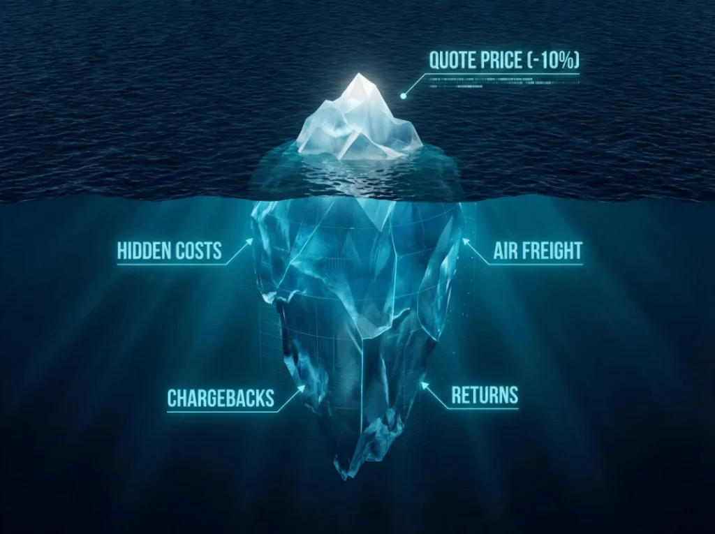 3D iceberg infographic visualizing apparel sourcing risks The visible 10 quote discount vs hidden costs like Air Freight Chargebacks and Returns