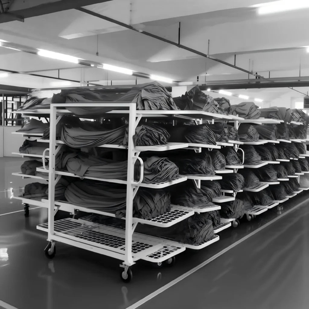 Fabric rolls resting on specialized relaxation racks in SkyKingdom factory for 12 hours to release latent tension and prevent garment shrinkage