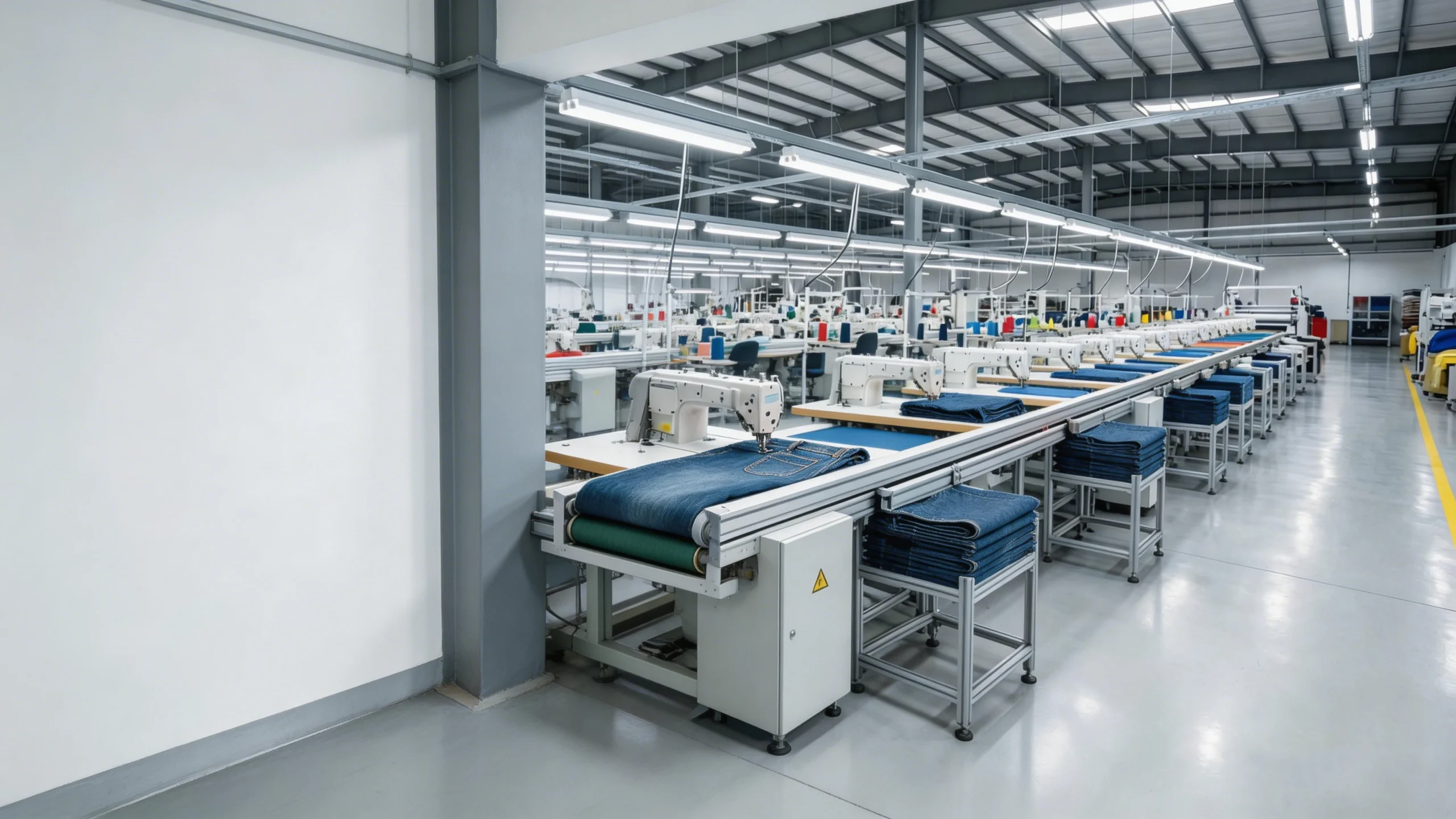 Modern OEM apparel manufacturing facility with automated sewing lines and strict quality control systems.