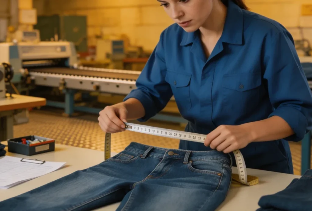 Quality control inspector performing final AQL measurement check on