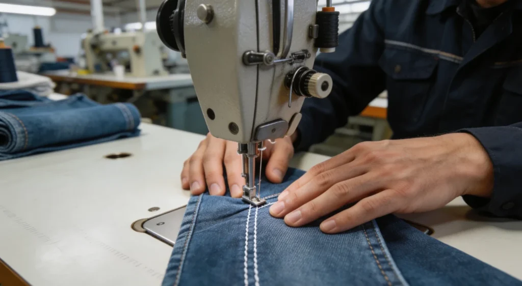 Skilled garment worker operating high-speed sewing machine for precision apparel assembly.