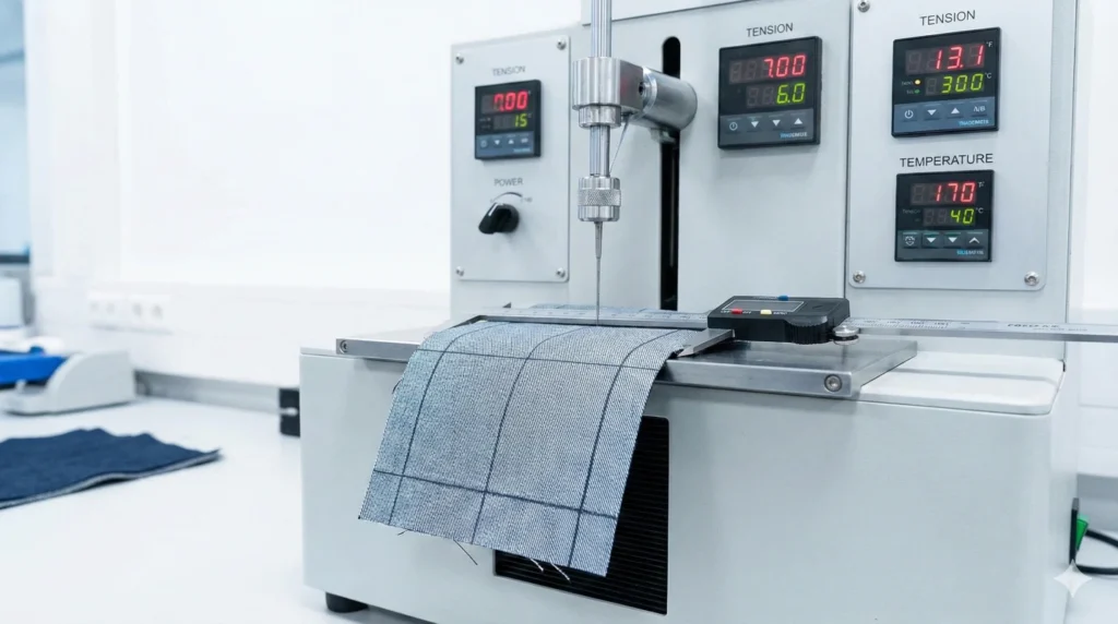 Digital fabric testing equipment conducting shrinkage and durability tests to ensure garment