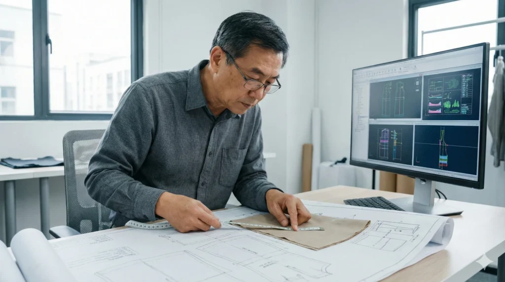 Skilled garment worker operating high-speed sewing machine for precision apparel assembly.