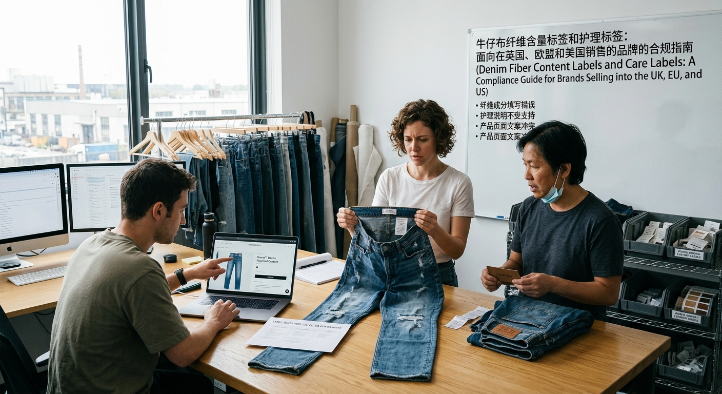 Denim brand sourcing team reviewing fibre content and care label requirements