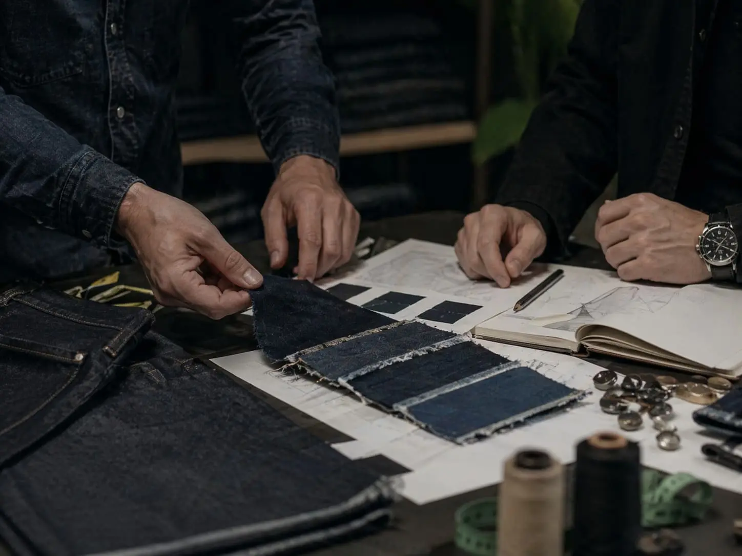 Denim fabric and wash development with fabric swatches, wash cards, and trims