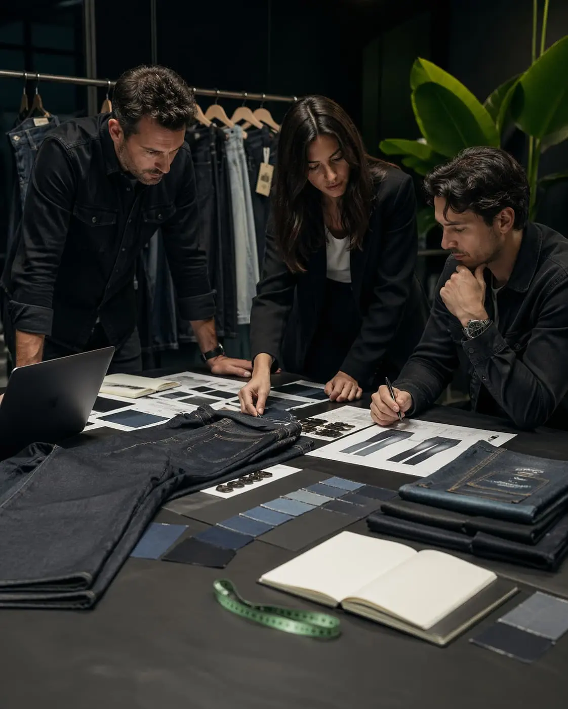 Denim product team reviewing fabric, wash samples, and production documents for a growth brand