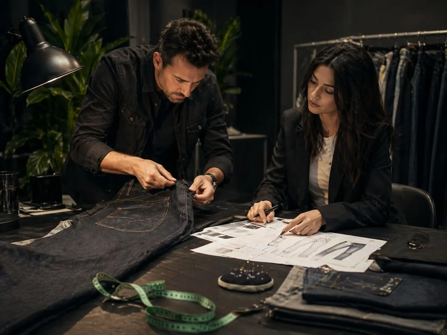 Denim sample review and fit correction with measurement notes