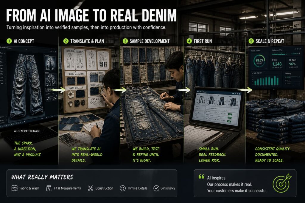 Denim team comparing AI-generated jeans image with fabric swatches and sample development