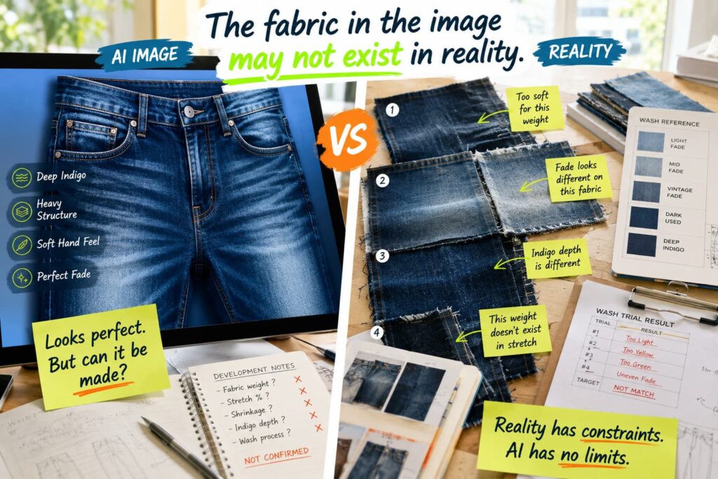 AI denim concept compared with unfinished real denim product development brief
