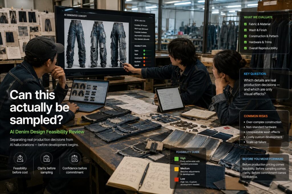 A denim brand reviewing an AI-generated design against a feasibility framework before sampling