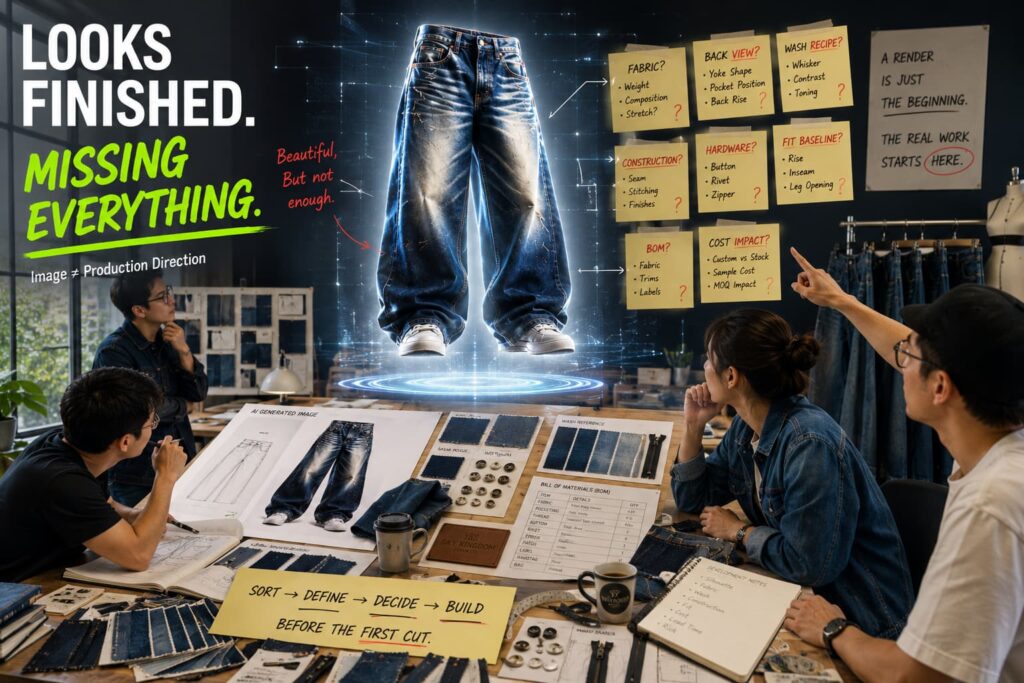 Denim product team reviewing glowing AI-generated jeans concept before sampling decisions begin