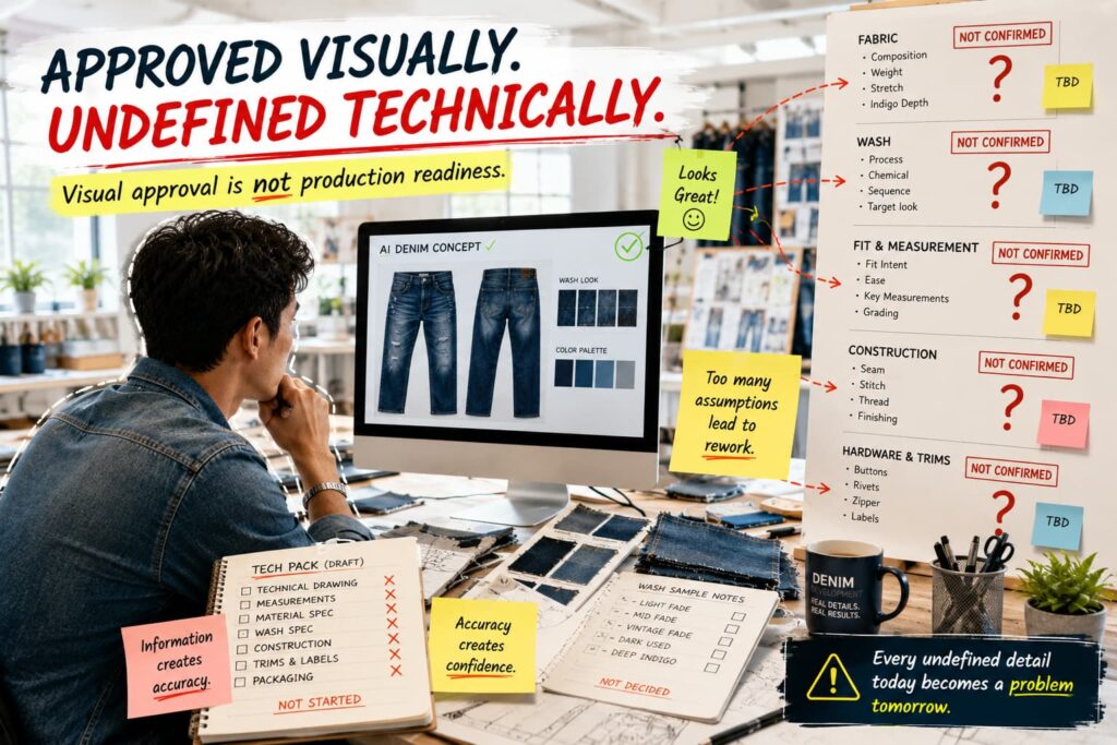 AI denim fabric effect compared with real denim wash and fabric limitations