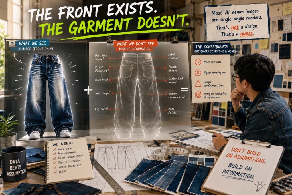 Pattern maker reviewing missing back view and construction details from AI denim render