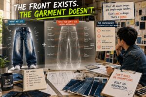 Pattern maker reviewing missing back view and construction details from AI denim render