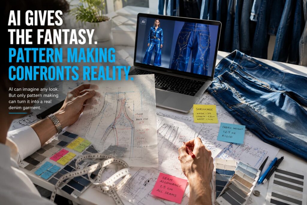 AI denim concept translated into real Y2K denim garment development process