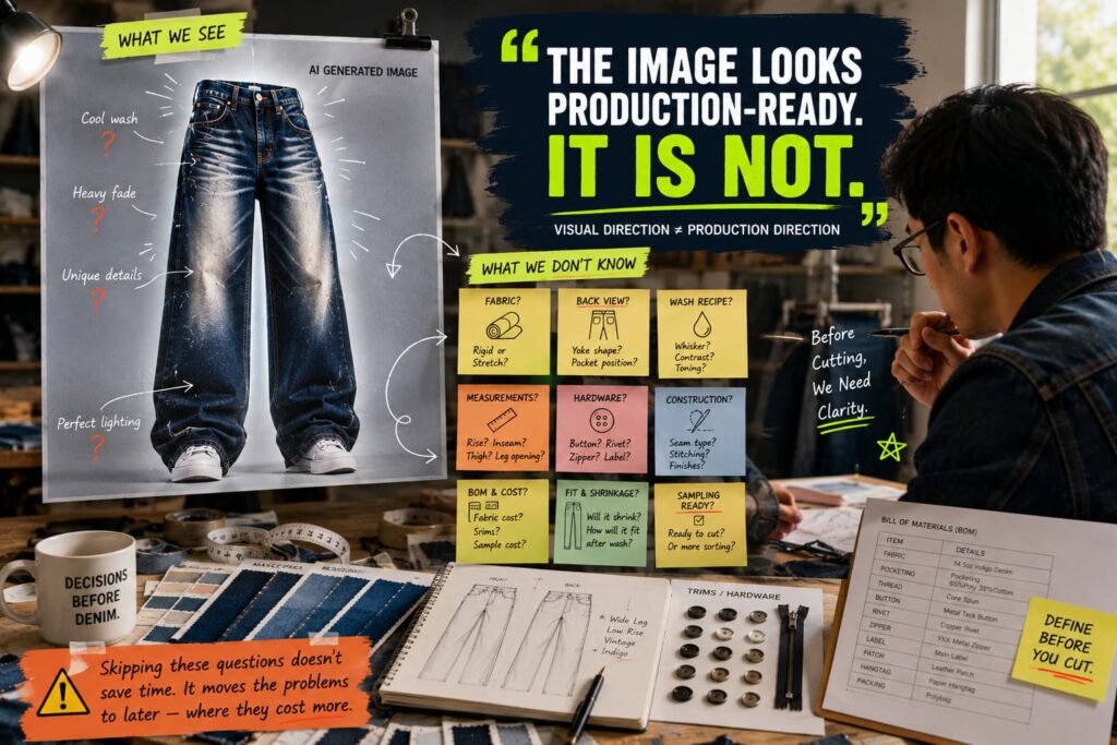 Designer analyzing AI denim image with missing fabric wash and construction information notes