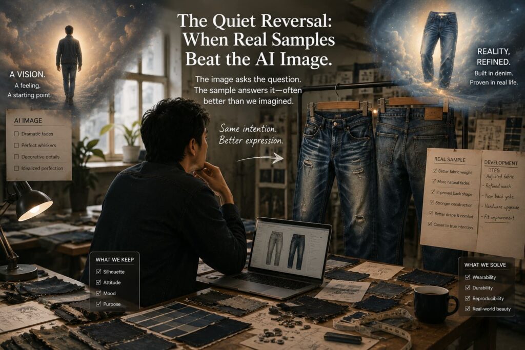 Denim feasibility review infographic showing production risks hidden inside AI-generated fashion renders