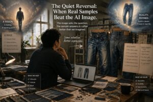 Denim feasibility review infographic showing production risks hidden inside AI-generated fashion renders