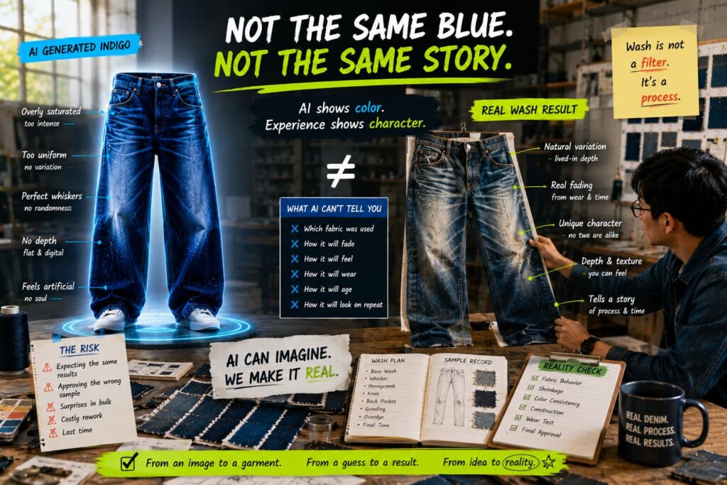 Comparison between AI-generated indigo jeans and real washed denim character development