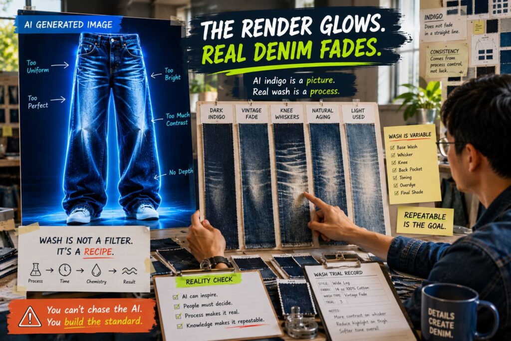 Wash technician comparing glowing AI indigo render against real denim wash development panels