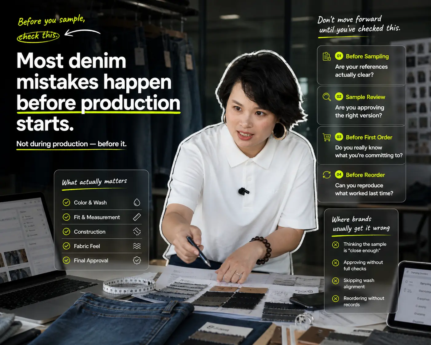 Denim expert highlighting critical decision mistakes before sampling and production