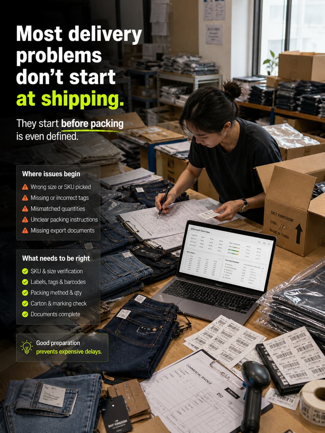 Denim shipment preparation and export readiness review with packing materials, labels, and QC checklist before delivery