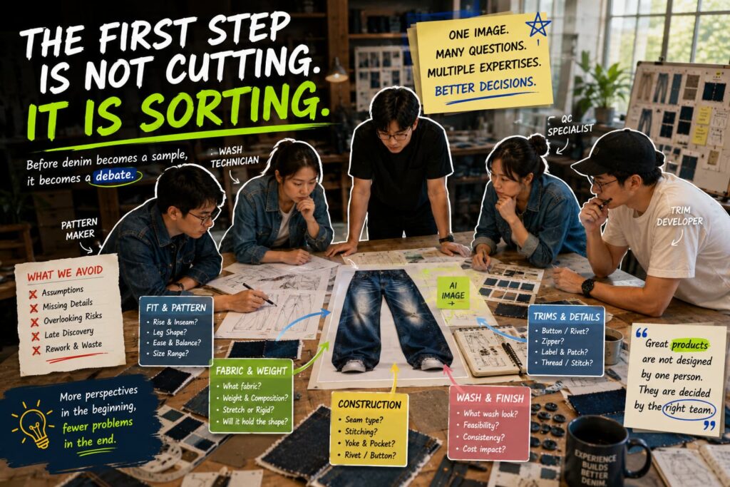 Denim product team collaboratively sorting AI-generated jeans concept before sampling process