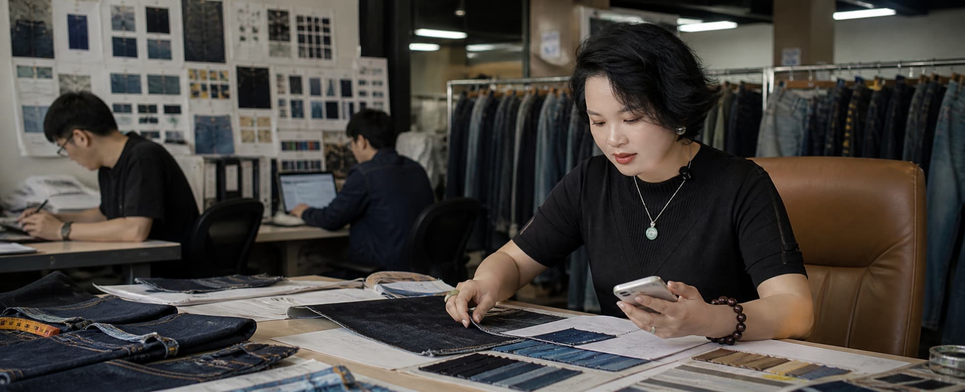 denim sample review and fabric checking in product development workspace before client inquiry discussion