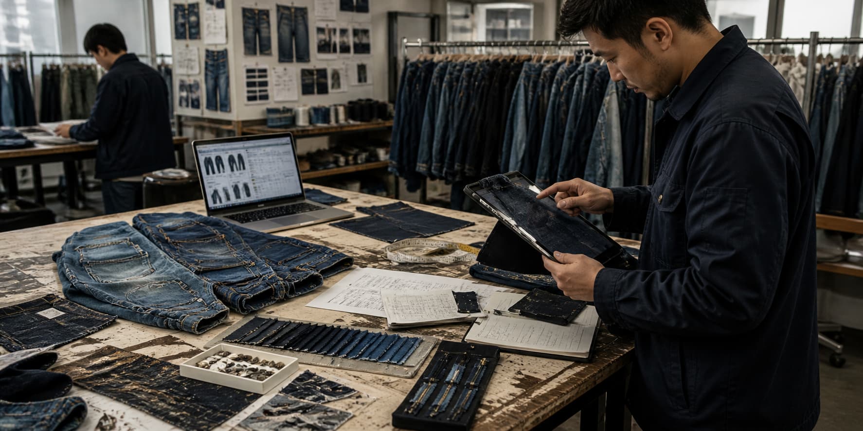 denim sample review and QC preparation with garments swatches and tablet before client contact stage