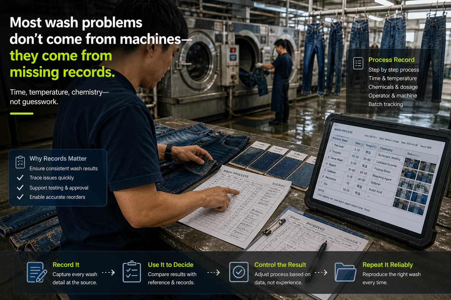 denim wash records being used for process control quality decision and reorder consistency in real factory workflow