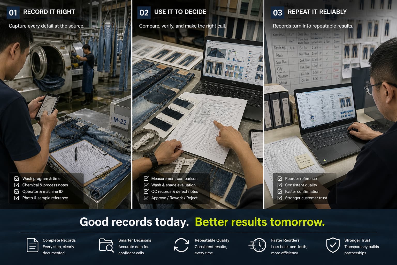 denim production records being used in QC review including measurement sheet wash records and inspection comparison in real factory workspace