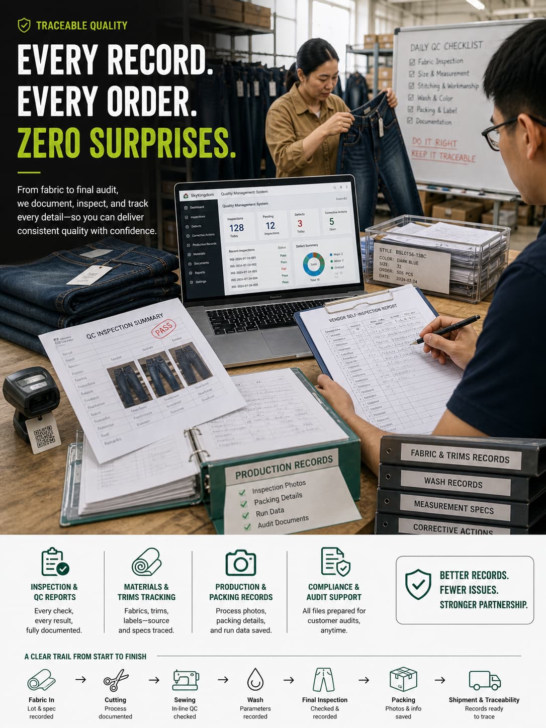 Denim quality control traceability system with inspection records, compliance documentation and QC reports used to support production accountability and audits