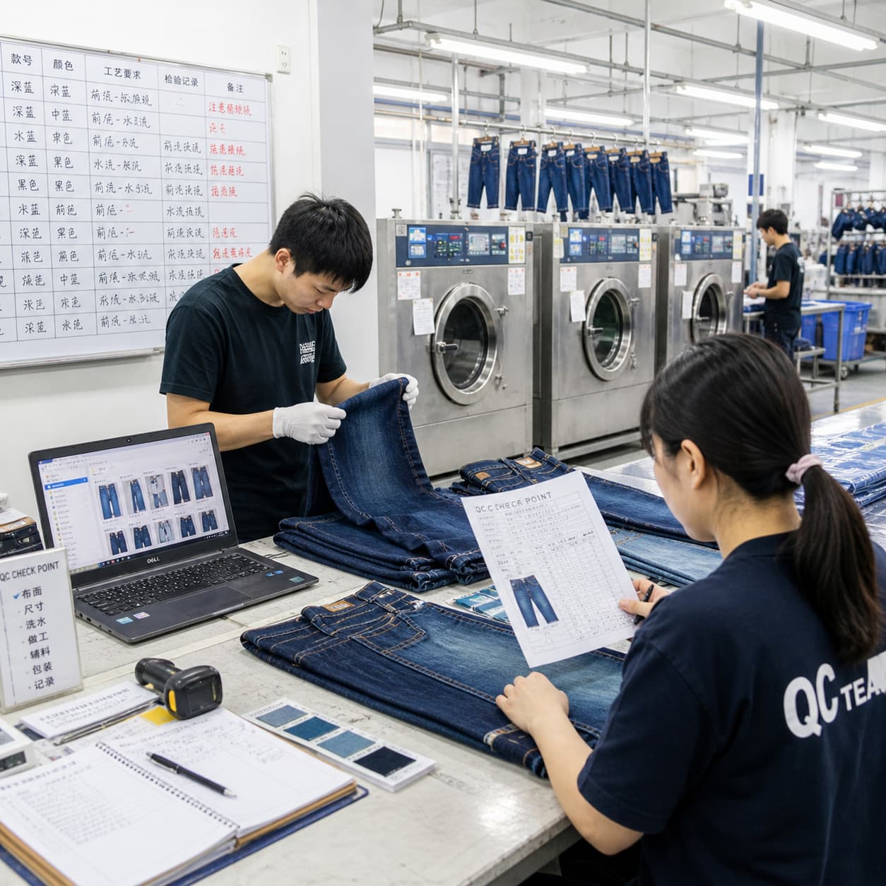 Real denim QC inspection on factory floor showing wash consistency checking, garment comparison, and quality control workflow in production environment