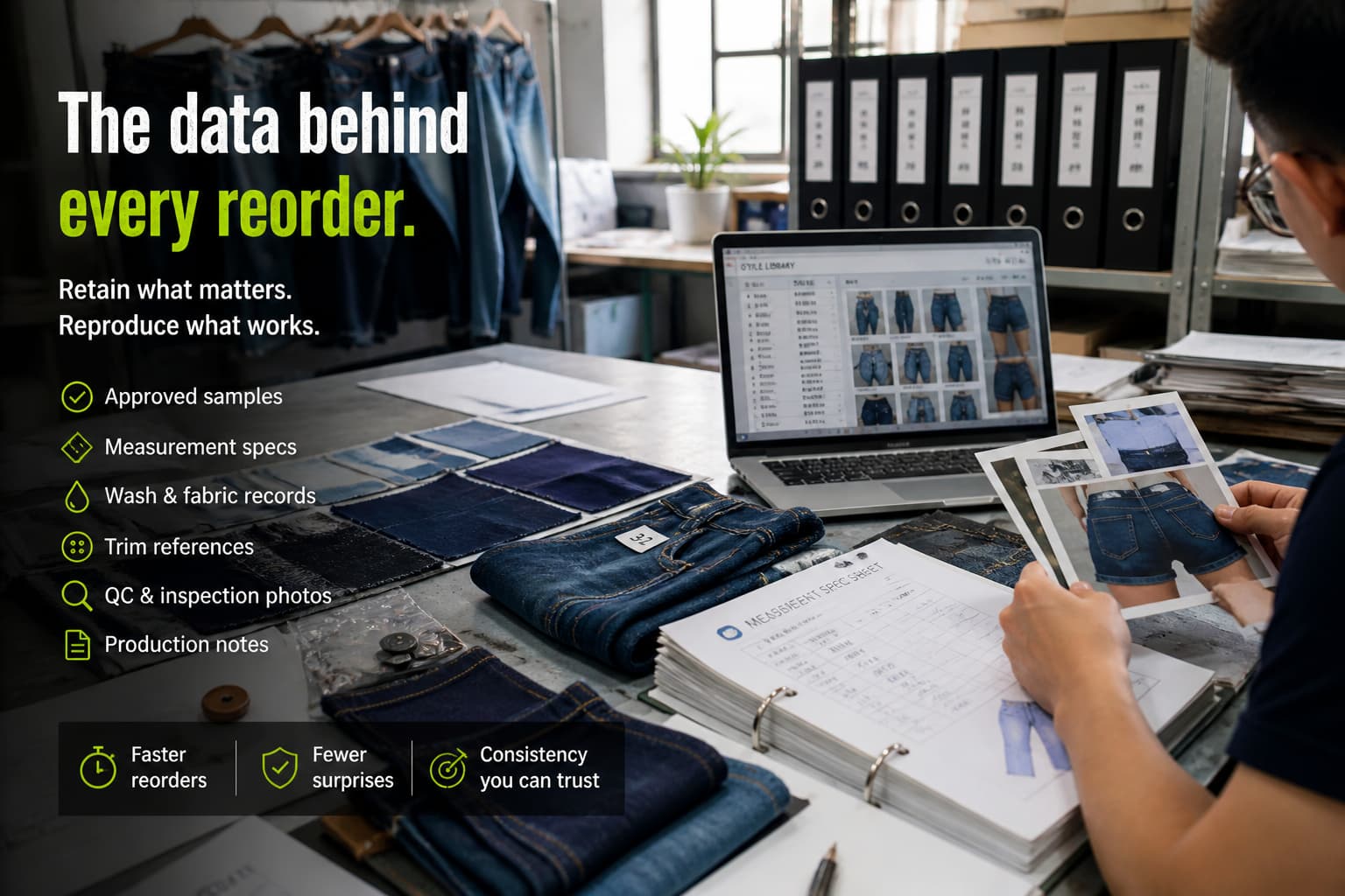 denim reorder records system approved sample qc workflow