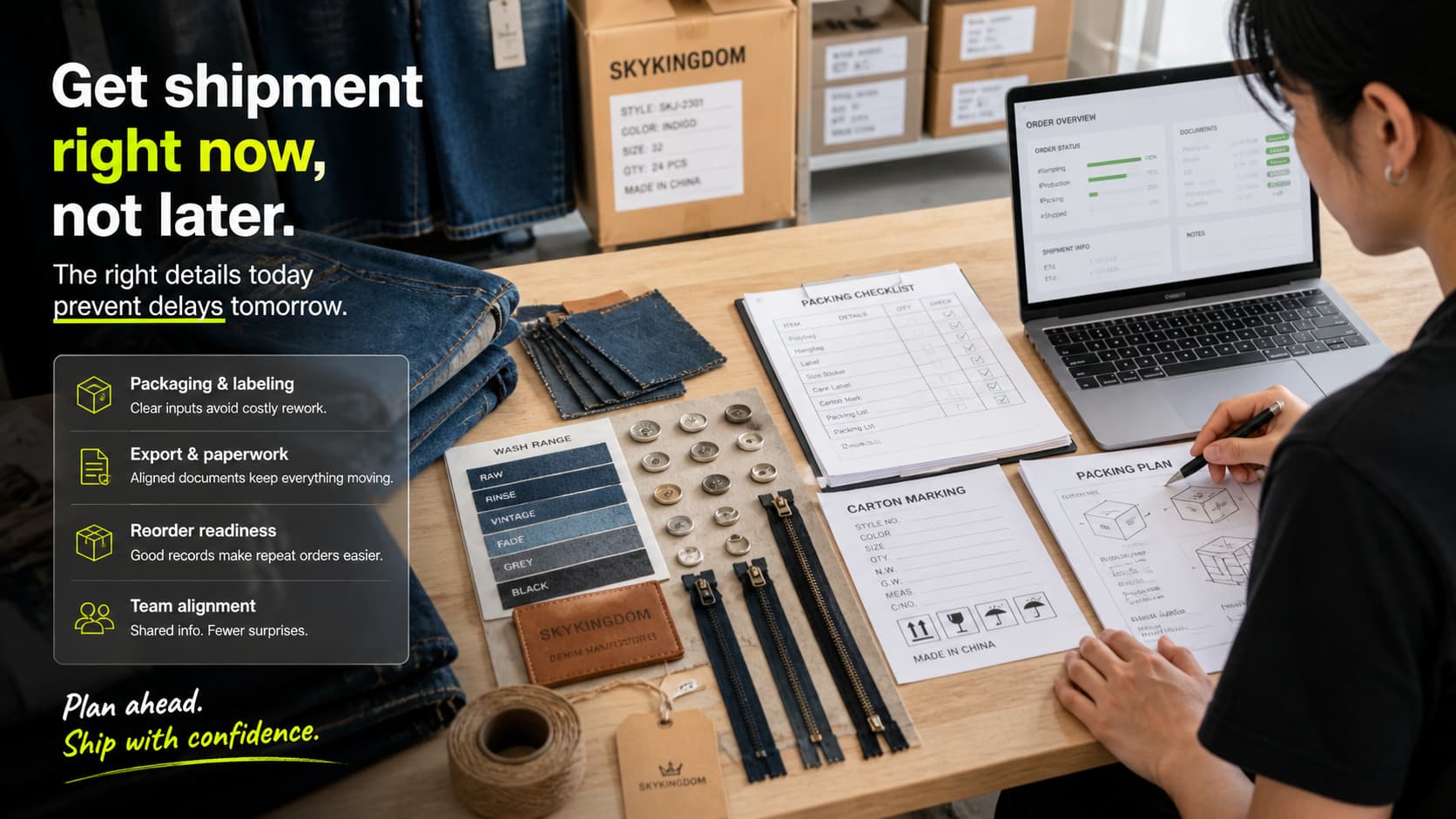 Denim shipment preparation checklist with packing materials, labels, and export documents reviewed before bulk shipping