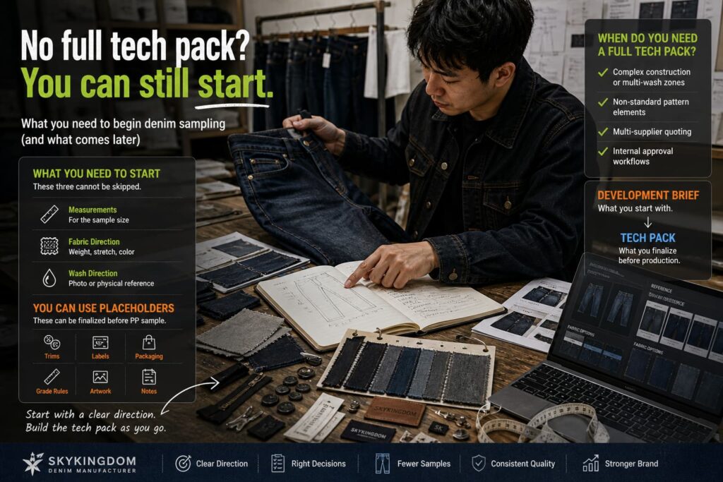 denim sample review in development workspace comparing tech pack notes fabric swatches and garment before sampling decision