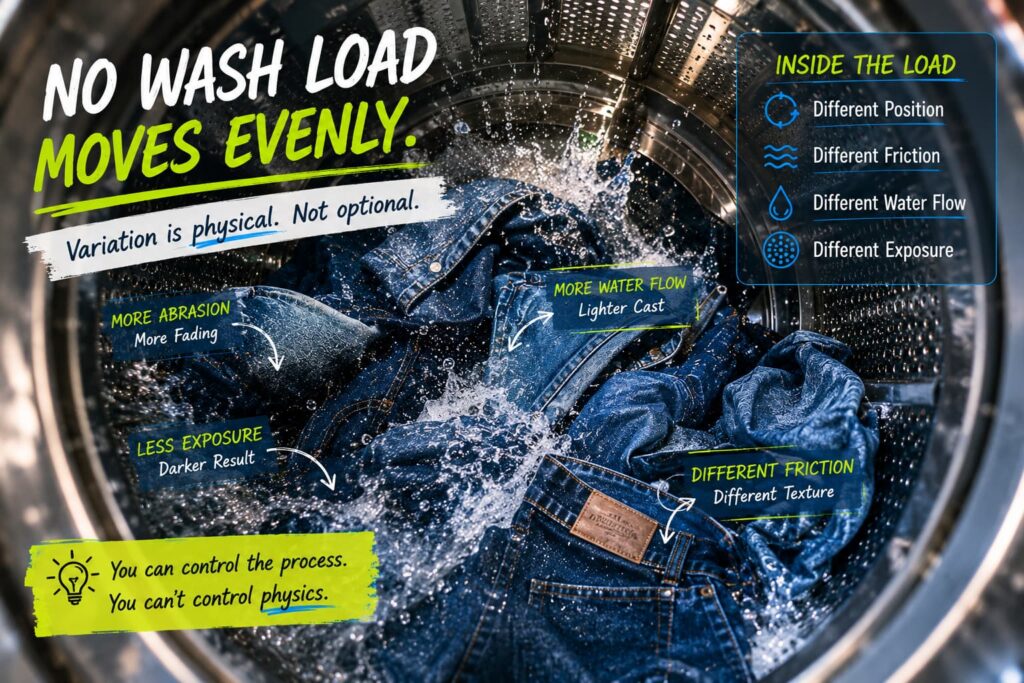 Denim product team reviewing approved wash range and reorder consistency control process