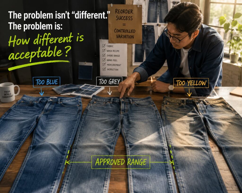 Denim product team comparing reorder wash variations against approved production range