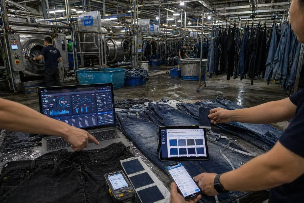 Digital QC system controlling denim wash consistency inside an active washing factory, comparing bulk production garments to approved samples
