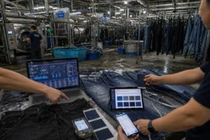Digital QC system controlling denim wash consistency inside an active washing factory, comparing bulk production garments to approved samples