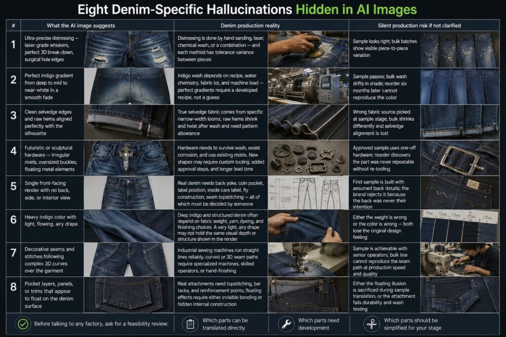 Denim production feasibility framework showing eight common AI-generated jeans design hallucinations and manufacturing risks