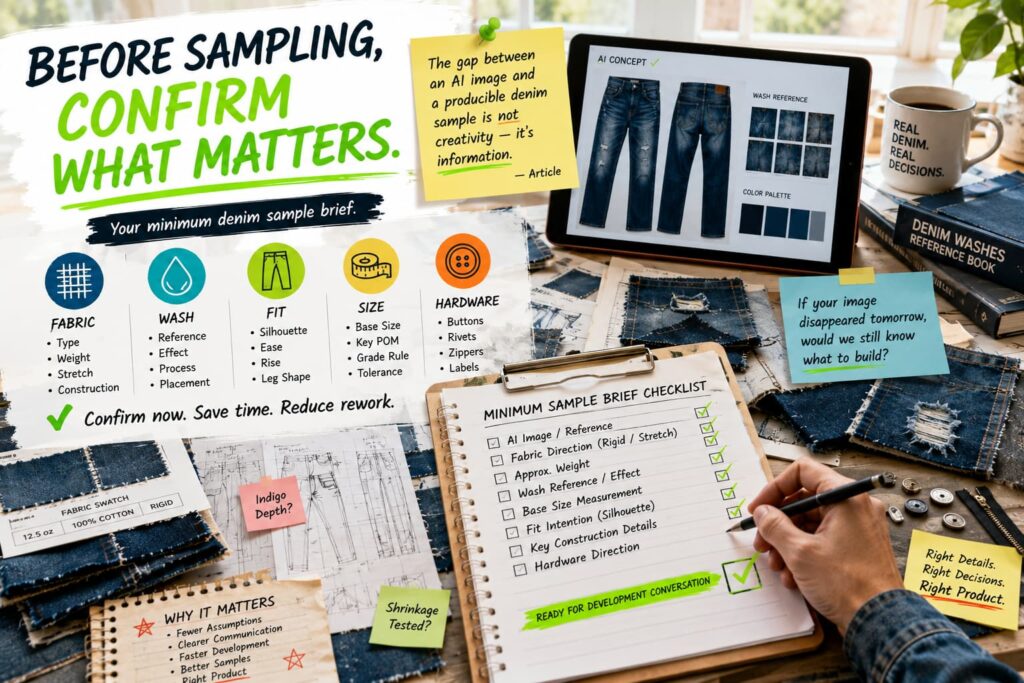 Denim development team reviewing AI jeans concept without confirmed production specifications