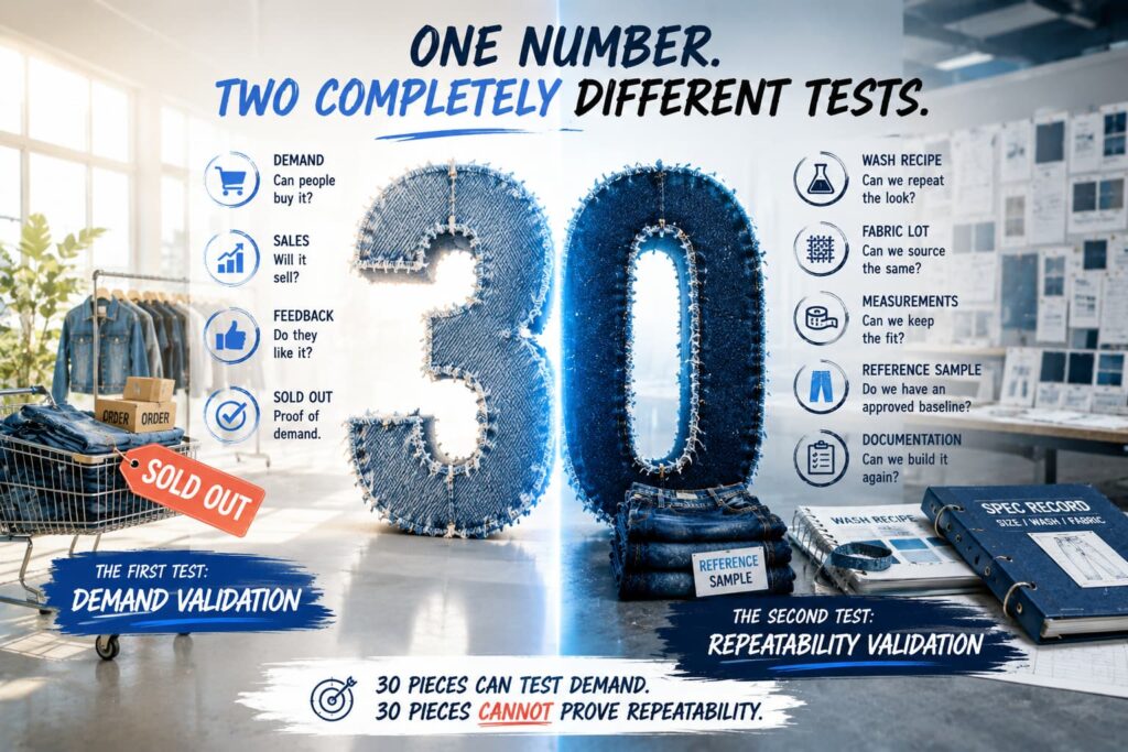 30 piece denim run illustrating demand validation versus repeatability validation